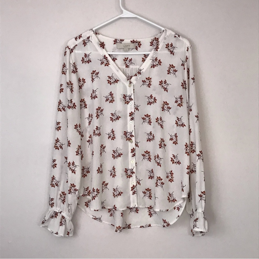 Loft Floral Pattern White Long Sleeve Button Up V-Neck Blouse Top Women's Small